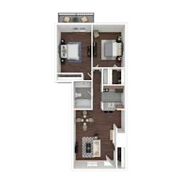 A top-down view of a small apartment with a kitchen, living room, and two bedrooms.