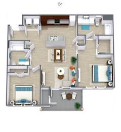 From the entry door at the bottom right, the kitchen and dining area are immediately to the left. Continuing straight leads into the living room with balcony access on the far left. The first bedroom is located at the top left corner, while the second bedroom is on the top right. The bathroom sits between the two bedrooms, accessible via the shared hallway.