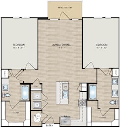 A floor plan of a home with three bedrooms, a living/dining area, and a patio/balcony.