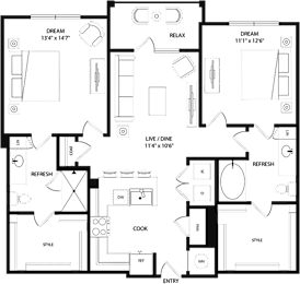 A floor plan of a house with labeled rooms such as "DREAM", "RELAX", "REFRESH", "COOK", and "STYLE".