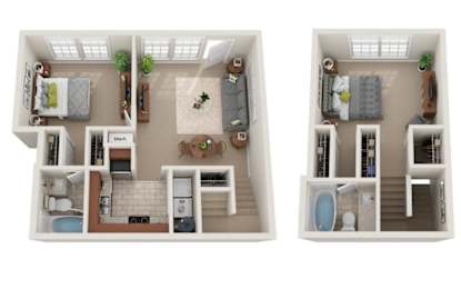 Two images of a small apartment layout with a kitchen, living room, and bathroom.