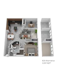 A floor plan of a 1,022 square foot B1A apartment.