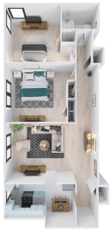 a floor plan of a bedroom with a bed and a desk