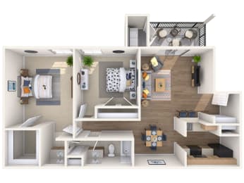 the living room of this apartment is spacious and has a wood floor