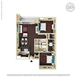 A 3D floor plan of a small apartment layout.