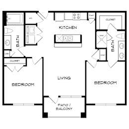 A floor plan of a house with a kitchen, living room, two bedrooms, a bathroom, and a closet.