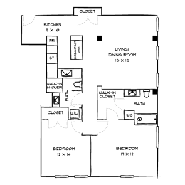 A floor plan of a house with two bedrooms, a living room, a dining room, a kitchen, a bathroom, a walk-in closet, and a pantry.