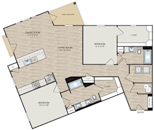 A floor plan of a house with a living room, dining room, kitchen, and two bedrooms.