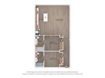 A floor plan of a house with a kitchen, two bathrooms, and two bedrooms.