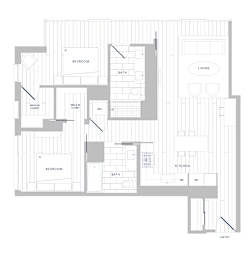 A floor plan of a house with two bedrooms, a living room, a kitchen, a bathroom, and an entry.