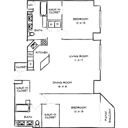 A floor plan of a house with two bedrooms, a living room, a dining room, a kitchen, and a bathroom.