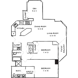 A floor plan of a house with labeled rooms and dimensions.