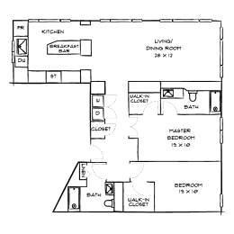 A floor plan of a house with a kitchen, living room, dining room, and three bedrooms.