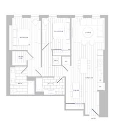 A floor plan of a house with labeled rooms such as Bedroom, Bath, Kitchen, Dining, Living, and Entry.