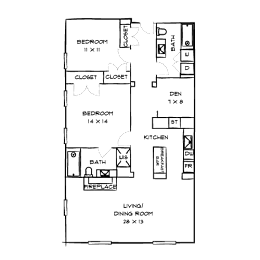 A floor plan of a house with two bedrooms, a living room, a dining room, a kitchen, and two bathrooms.
