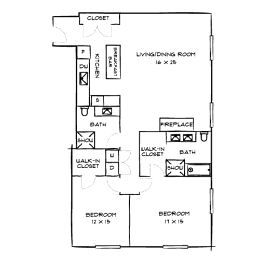 A floor plan of a house with two bedrooms, a living room, a bathroom, a walk-in closet, and a garage.