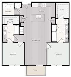 A floor plan of a house with a living room, two bedrooms, a bathroom, a kitchen, a pantry, a wine bar, and a laundry area.