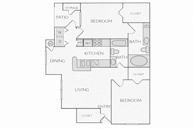 A floor plan of a house with a living room, dining room, kitchen, two bedrooms, a bathroom, a patio, and a storage area.