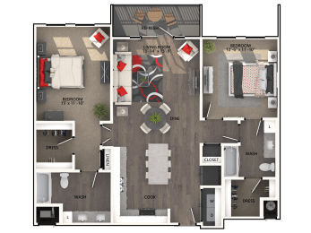 a floor plan of a house with furniture and a living room