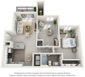 3d furnished floor plan  2 bedroom floorplan  the residences at