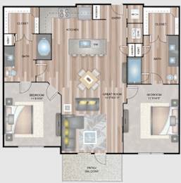 A floor plan of a house with two bedrooms, a bathroom, a kitchen, a dining room, and a great room.