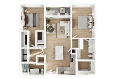 A top-down view of a modern apartment layout.