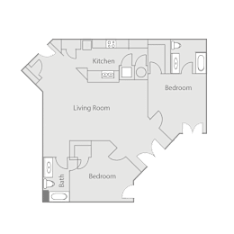A floor plan of a house with a kitchen, living room, and two bedrooms.