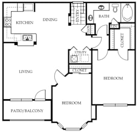 A floor plan of a house with labeled rooms such as kitchen, dining, and bath.
