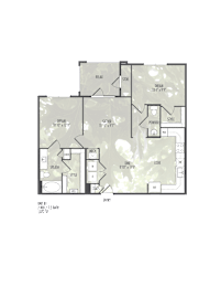 A floor plan of a house with a garage, living room, dining room, kitchen, and two bedrooms.