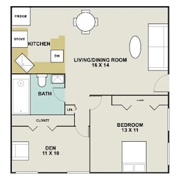 A floor plan of a small apartment with a living room, kitchen, bathroom, and two bedrooms.