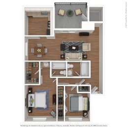 a stylized floor plan with a bedroom and living room