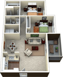 a 3d rendering of a house with a bedroom and a living room