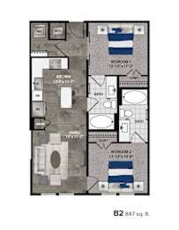 A floor plan of a 2 bedroom, 2 bathroom apartment.