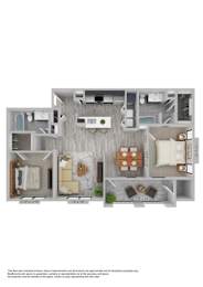 A floor plan of an apartment with a living room, dining room, kitchen, and two bedrooms.