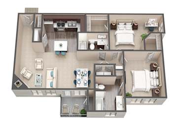 A 3D floor plan of a house with two bedrooms, a living room, a kitchen, and a bathroom.