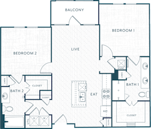 A floor plan of an apartment with two bedrooms, a living area, and a balcony.