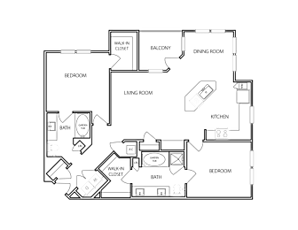 A floor plan of a house with a living room, dining room, kitchen, and two bedrooms.