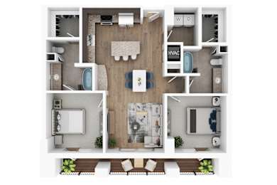 A top-down view of a house layout with a kitchen, living room, and bathrooms.