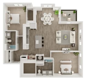 A modern kitchen with a large island and a dining area.