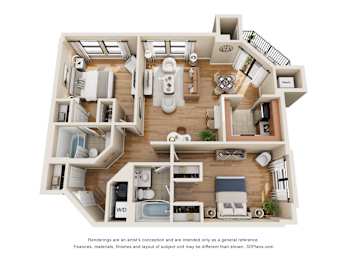 A 3D floor plan of a house with a kitchen, living room, and bathrooms.