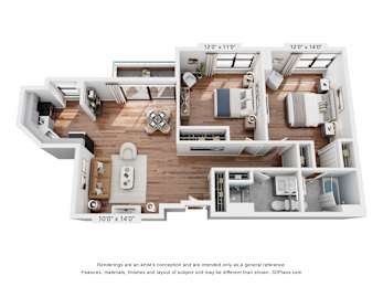 A 3D floor plan of a house with dimensions and a disclaimer.