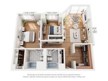A 3D floor plan of a small apartment with a living room, kitchen, and two bedrooms.
