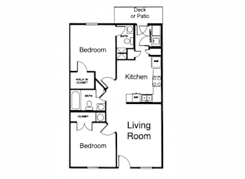 A black and white diagram of a house layout with a deck or patio.