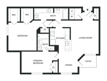 A floor plan of a house with a living room, kitchen, dining room, and two bedrooms.