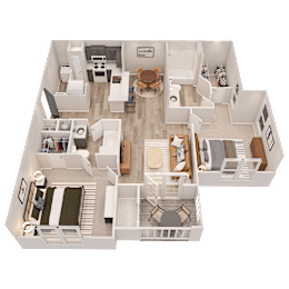 A 3D floor plan of a house showing a living room, kitchen, and two bedrooms.