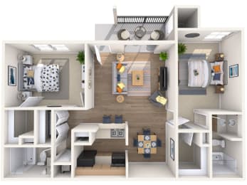 the living room of this apartment is spacious and has a fireplace
