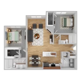 a 3d rendering of a bedroom and living room with wood floor