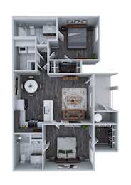 A 3D floor plan of a modern apartment with a living room, kitchen, and bedroom.