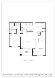 A floor plan of a house with a kitchen, dining room, living room, and two bedrooms.