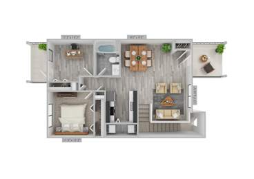 A 3D floor plan of a house with a living room, dining room, kitchen, and two bedrooms.